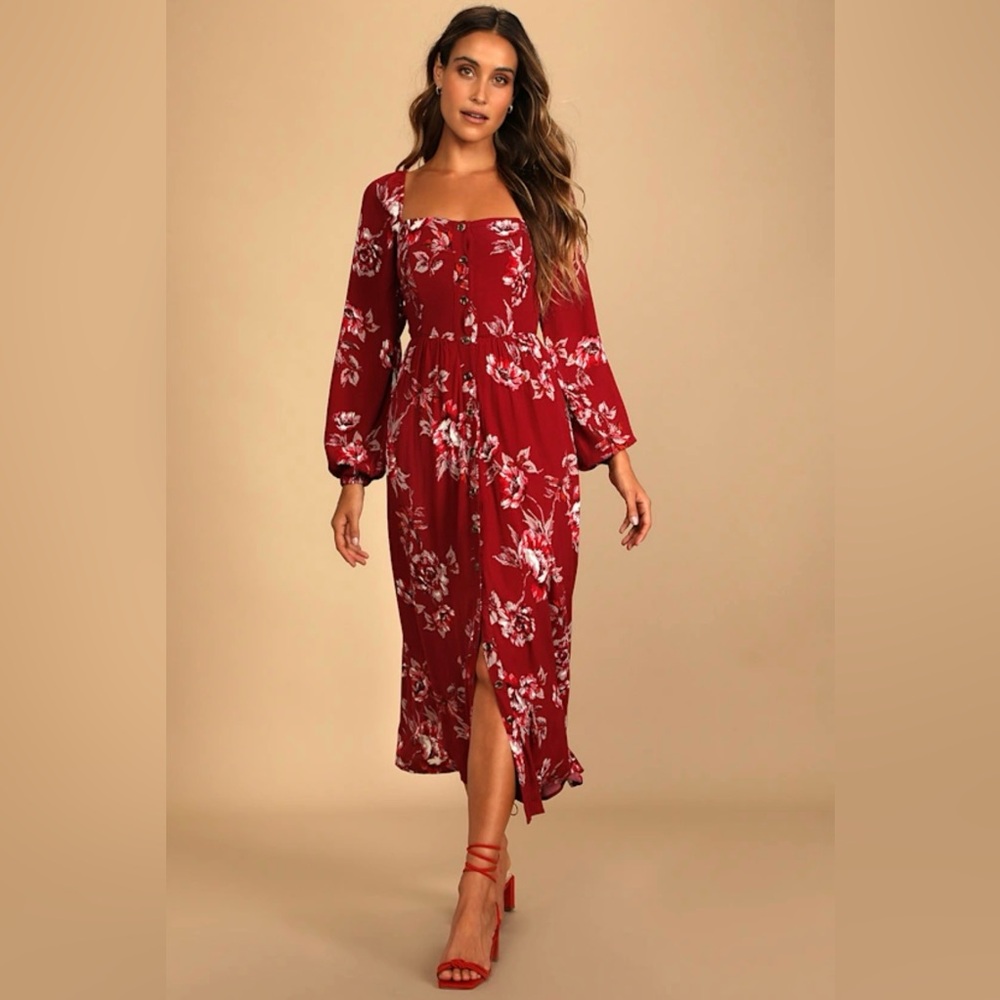 Lulus Burgundy Floral Print Tie-Back Midi Dress Size M Red Fall Wedding Guest